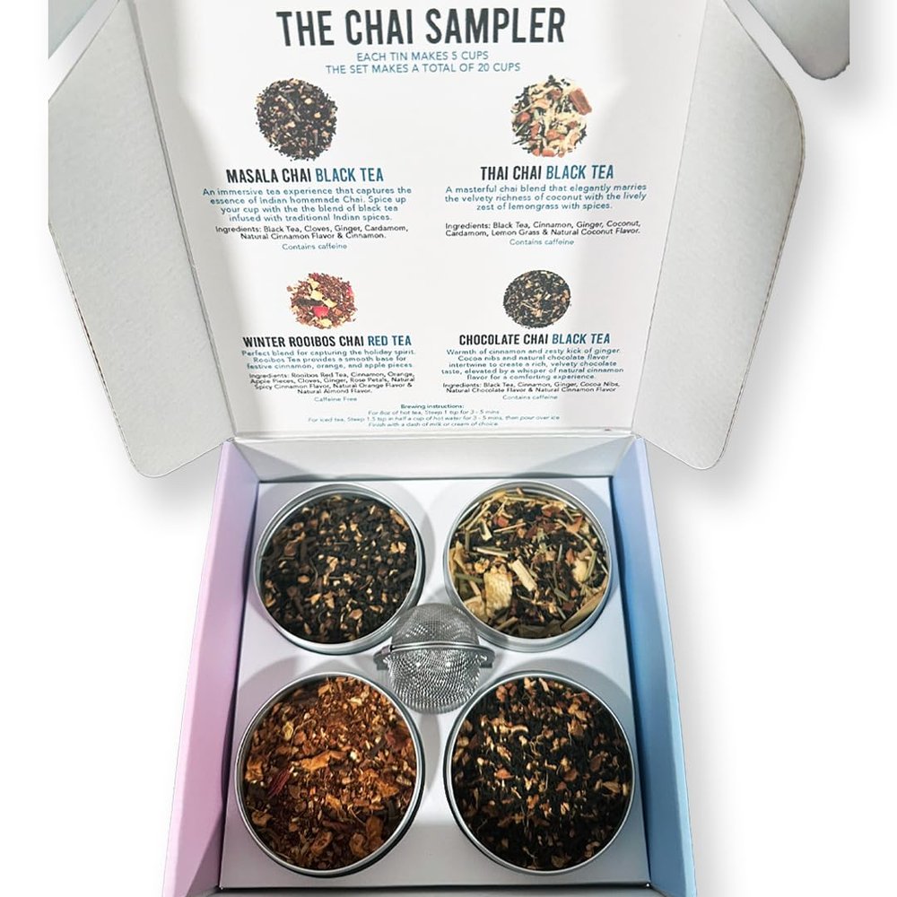 The Chai Tea Sampler Box, Tea Variety Pack, Tea Gift Box Includes Masala Chai, Thai Chai, Winter Rooibos Chai, Chocolate Chai Teas and Tea Infuser