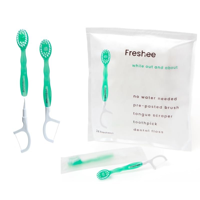 Freshee Bead -5 in 1 Disposable Mini Toothbrush with Toothpaste Bead + Floss + Pick + Tongue Scraper | Travel Size | Individually Wrapped | Soft | Extra Mint | Travel Set | Oral Care