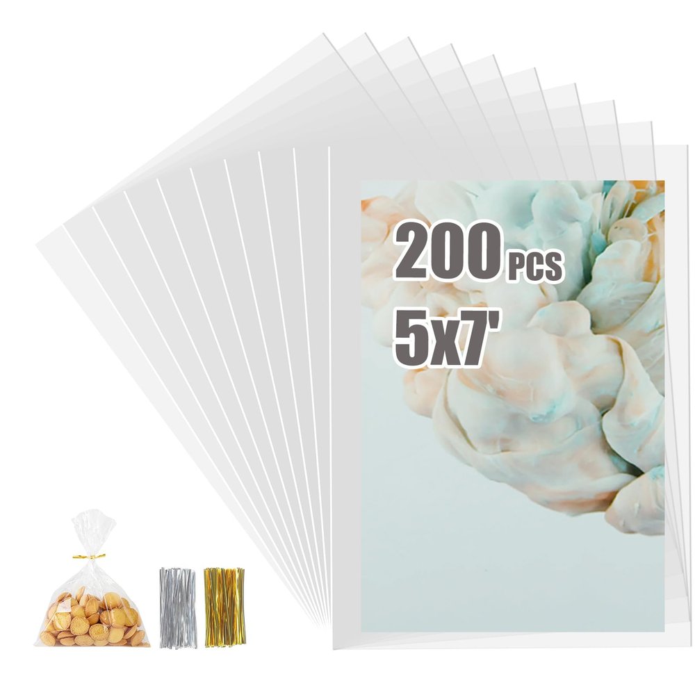 Egofine 200 PCS 2.8mils Clear Cellophane Treat Bags 5x7 Inches Clear Cellophane Gift Bags with 4" Twist Ties, Goodie, Cookie, Candy, for Treats Gifts Giving Birthday Party Favors