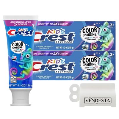 Crest Kids Color Changing Toothpaste Bundle: 2-Pack Bubblegum Flavor 4.2 oz + VenDesta Toothpaste Squeezer - Fun & Effective Toothbrushing for Kids 3-12, Fights Cavities, Engages Children in Oral Care
