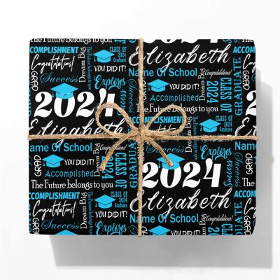 MyPhotoPrint Personalized Wrapping Paper Roll Class of 2024 Gift Wrap Wrapping Paper Roll Blue for Teens Son Daughter Grandson