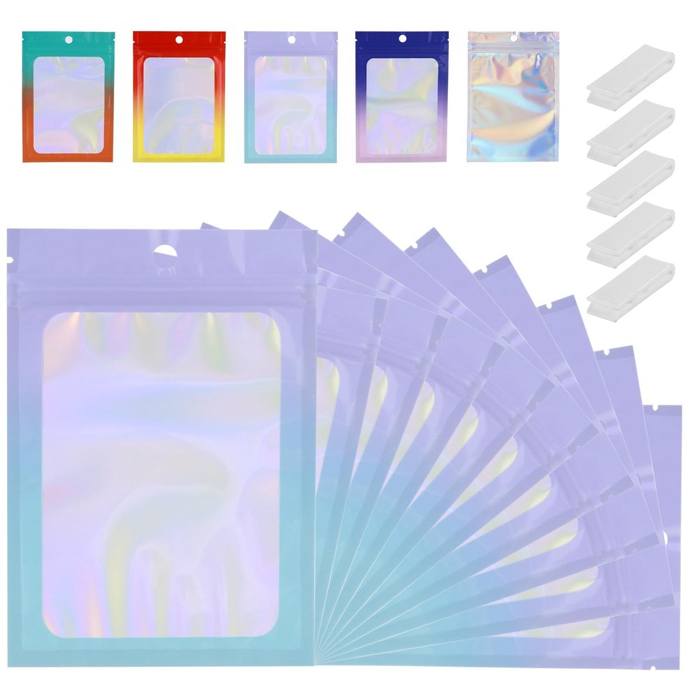 200 Pcs Mylar Bags for Food Storage 5x8 Mylar Bag with Window Purple Blue Resealable Bags for Small Business Bulk Smell Proof Bag Freeze Dried Candy Sealable Packaging Coffee Bean Zipper Packaging