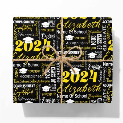 Customized Birthday, Christmas Wrapping Paper Class of 2024 Recycled Gift Wrapping Paper Yellow for Ceremony Party Grade Class Celebrations Graduation Supplies Decorations