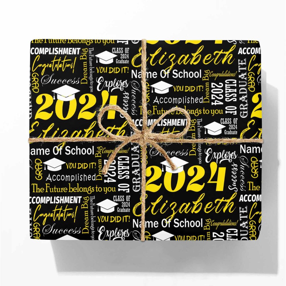 Customized Birthday, Christmas Wrapping Paper Class of 2024 Recycled Gift Wrapping Paper Yellow for Ceremony Party Grade Class Celebrations Graduation Supplies Decorations