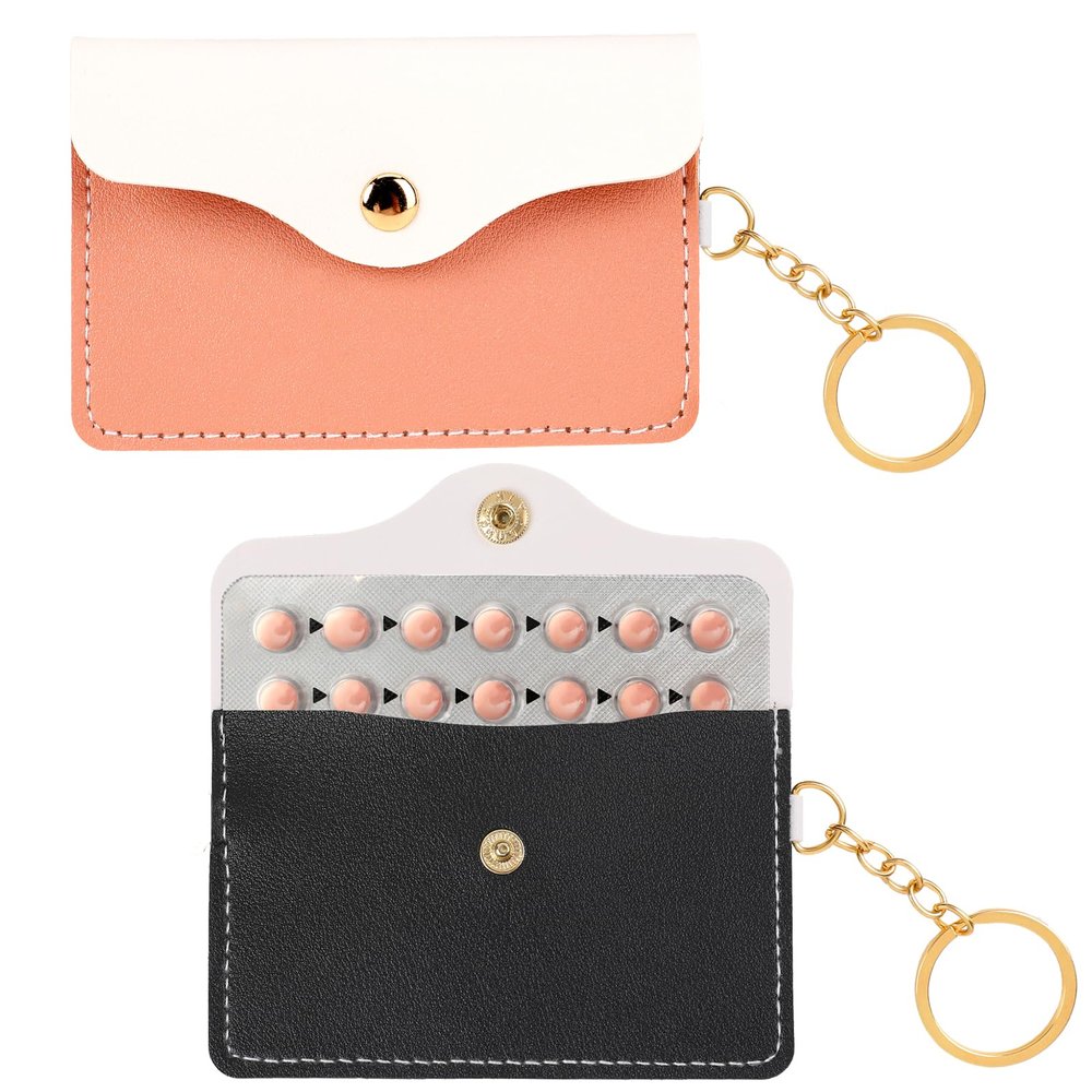 2 Pack Birth Control Pill Case Sleeve Packet PU Leather Wallet Pill Holder Birth Control Case with Snap Closure and Keyring Contraceptive Medicine Holder for Travel Bag Backpack, Black + Pink
