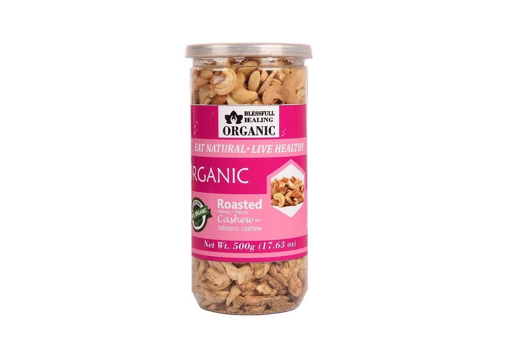 Blessfull Healing Organic Natural, Vegan Tabasco Roasted Halves/Pieces Cashew Nuts Crunchy Kaju 500 Gram
