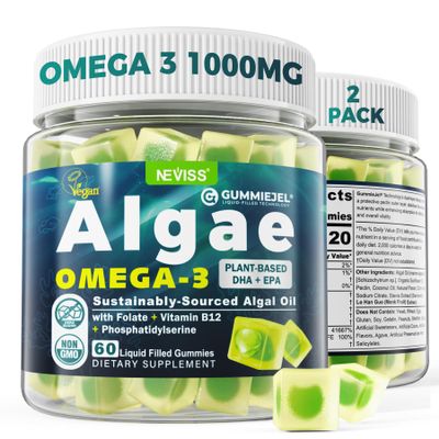 2 Pack Algae Omega 3 Gummies 1000mg, Plant Based DHA 460mg & EPA 230mg, Omega 3 Fish Oil Alternative for Adults, Plus MethylFolate, Vitamin B12, Phosphatidylserine, No Fishy Taste, Vegan, Sugar Free