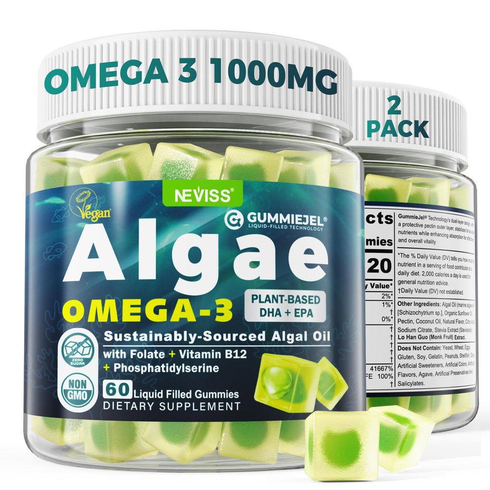 2 Pack Algae Omega 3 Gummies 1000mg, Plant Based DHA 460mg & EPA 230mg, Omega 3 Fish Oil Alternative for Adults, Plus MethylFolate, Vitamin B12, Phosphatidylserine, No Fishy Taste, Vegan, Sugar Free