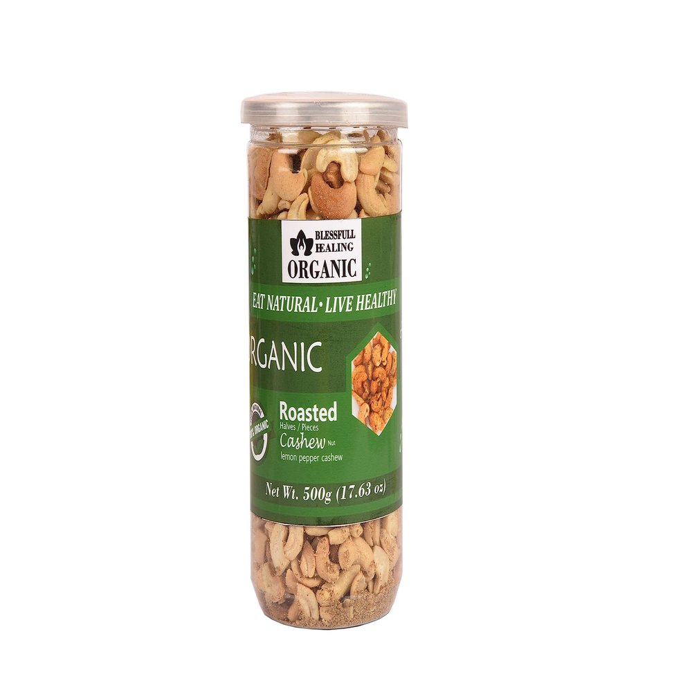 Blessfull Healing Organic Natural, Vegan Lemon Pepper Roasted Halves/Pieces Cashew Nuts Crunchy Kaju 500 Gram