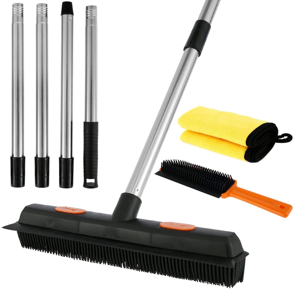 Abizarch 3Pcs Rubber Broom with Squeegee Washable Carpet Rake Broom with Adjustable Handle Reusable Fur Remover Broom Portable Detailing Lint Remover Brush Towel Portable for Tile Floor Carpet