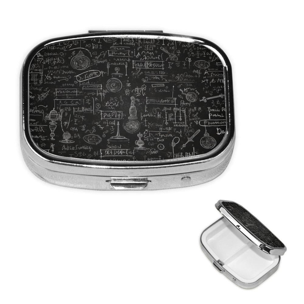 Pill Box 3 Compartment Square Small Pill Case Travel Pillbox for Purse Pocket Blackboard Wallpaper Metal Medicine Organizer Portable Pill Container Holder to Hold Vitamins Medication Supplements