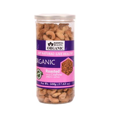 Blessfull Healing Organic Natural, Vegan Jalapeno Roasted Whole Cashew Nuts Crunchy Kaju 500 Gram
