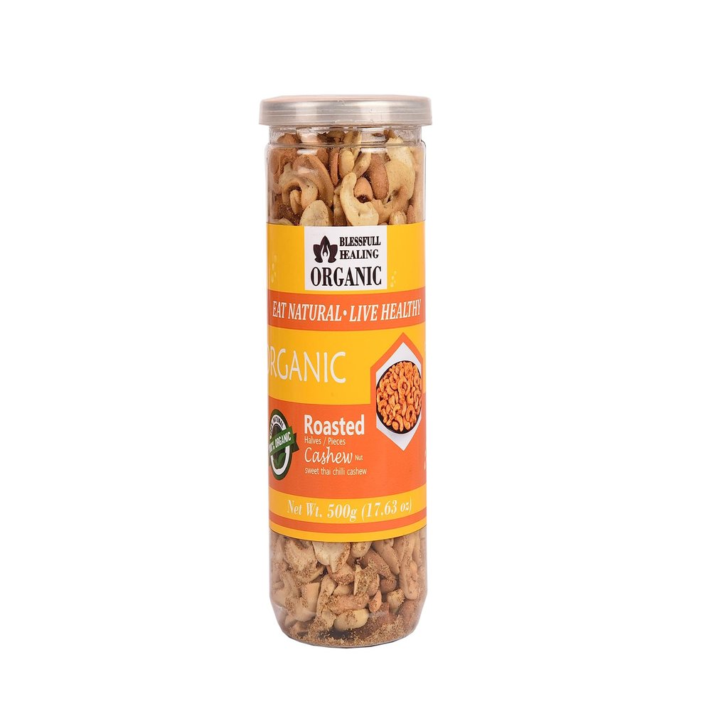 Blessfull Healing Organic Natural, Vegan Sweet Thai Chilli Roasted Halves/Pieces Cashew Nuts Crunchy Kaju 500 Gram