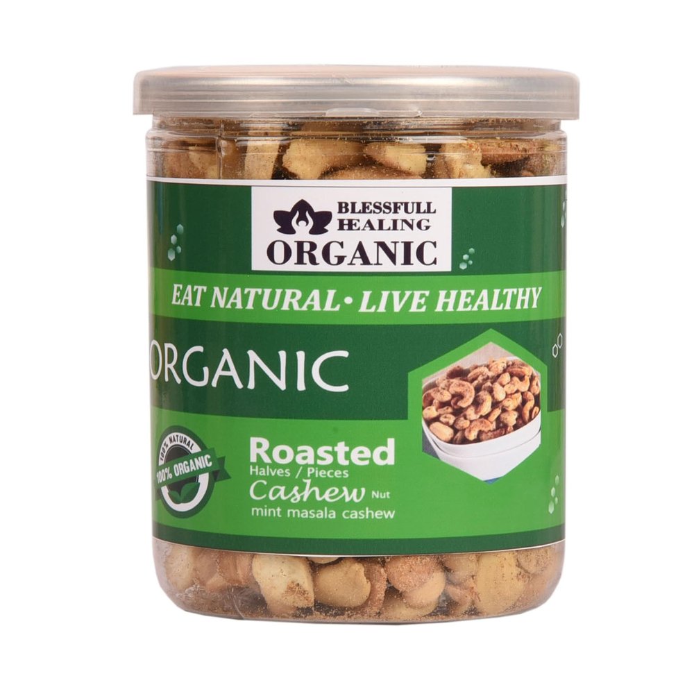 Blessfull Healing Organic Natural, Vegan Mint Masala Roasted Halves/Pieces Cashew Nuts Crunchy Kaju 250 Gram