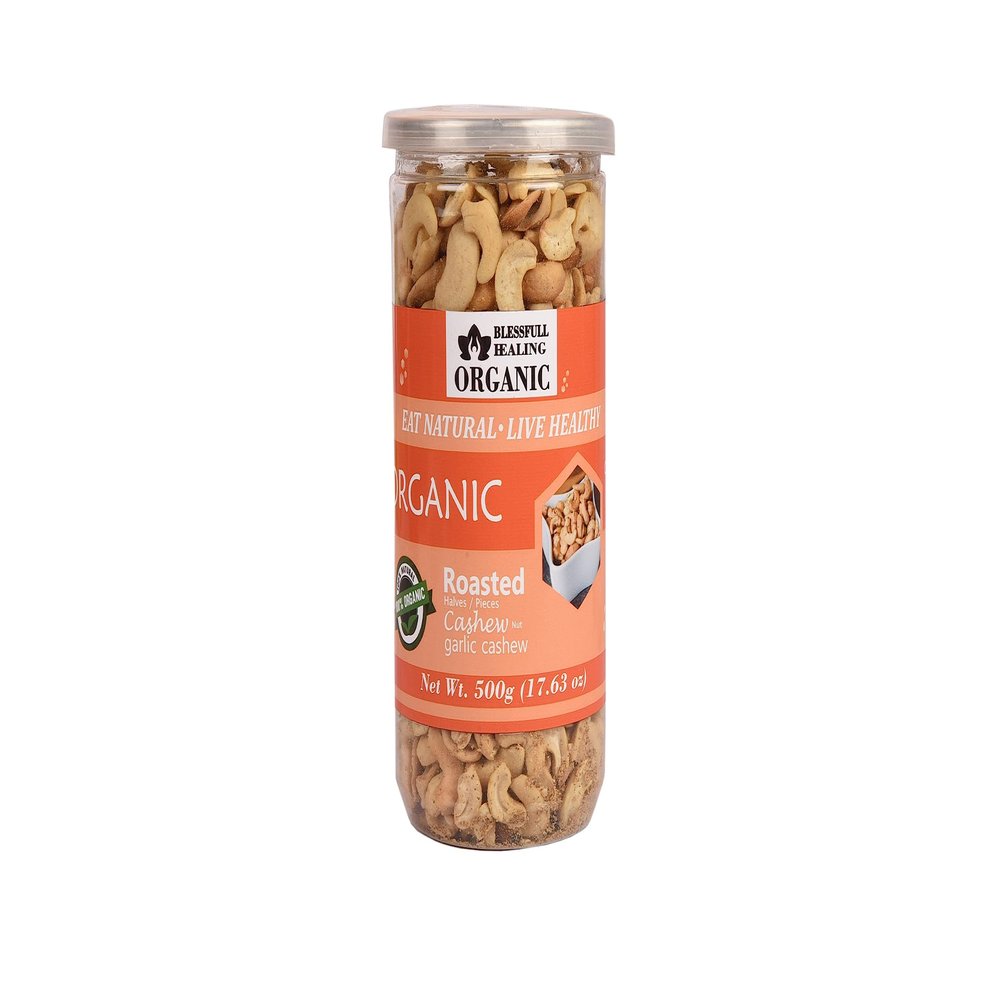 Blessfull Healing Organic Natural, Vegan Garlic Roasted Halves/Pieces Cashew Nuts Crunchy Kaju 500 Gram