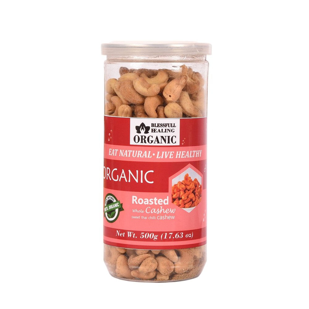 Blessfull Healing Organic Natural, Vegan Sweet Thai Chilli Roasted Whole Cashew Nuts Crunchy Kaju 500 Gram