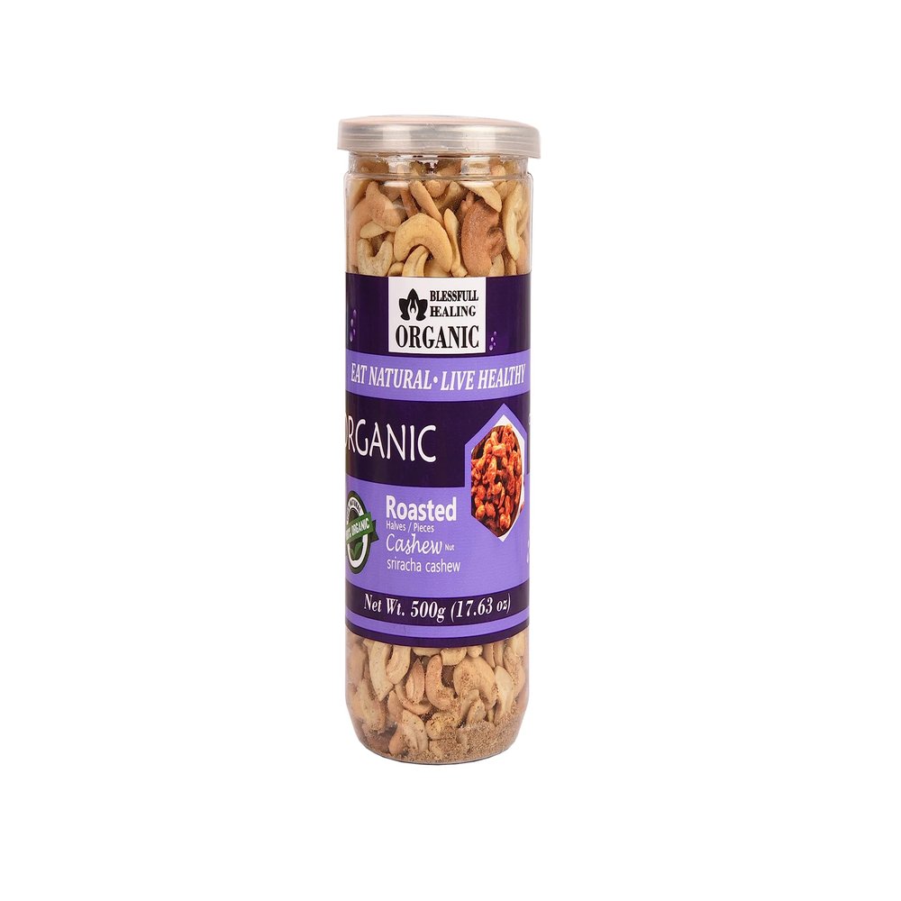 Blessfull Healing Organic Natural, Vegan Sriracha Roasted Halves/Pieces Cashew Nuts Crunchy Kaju 500 Gram
