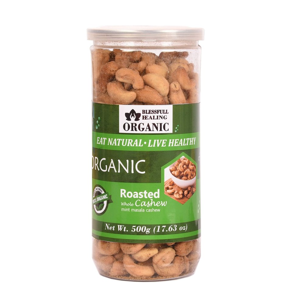 Blessfull Healing Organic Natural, Vegan Mint Masala Roasted Whole Cashew Nuts Crunchy Kaju 500 Gram