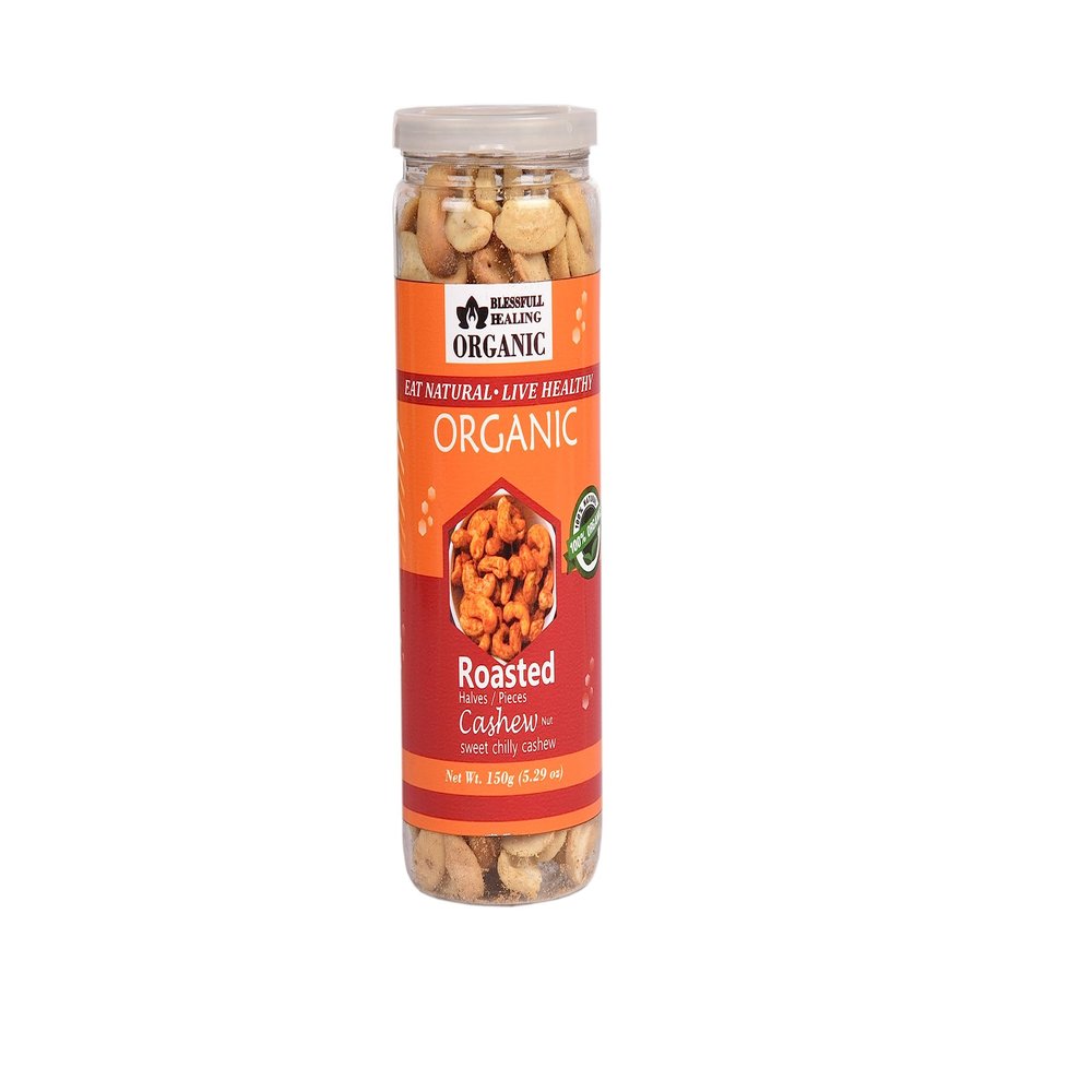 Blessfull Healing Organic Natural, Vegan Sweet Chilly Roasted Halves/Pieces Cashew Nuts Crunchy Kaju 150 Gram