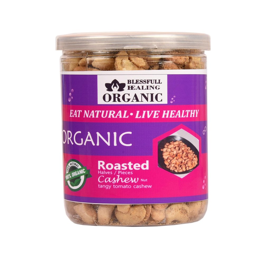 Blessfull Healing Organic Natural, Vegan Tangy Tomato Roasted Halves/Pieces Cashew Nuts Crunchy Kaju 300 Gram