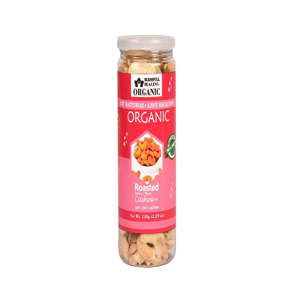 Blessfull Healing Organic Natural, Vegan Peri Peri Roasted Halves/Pieces Cashew Nuts Crunchy Kaju 150 Gram