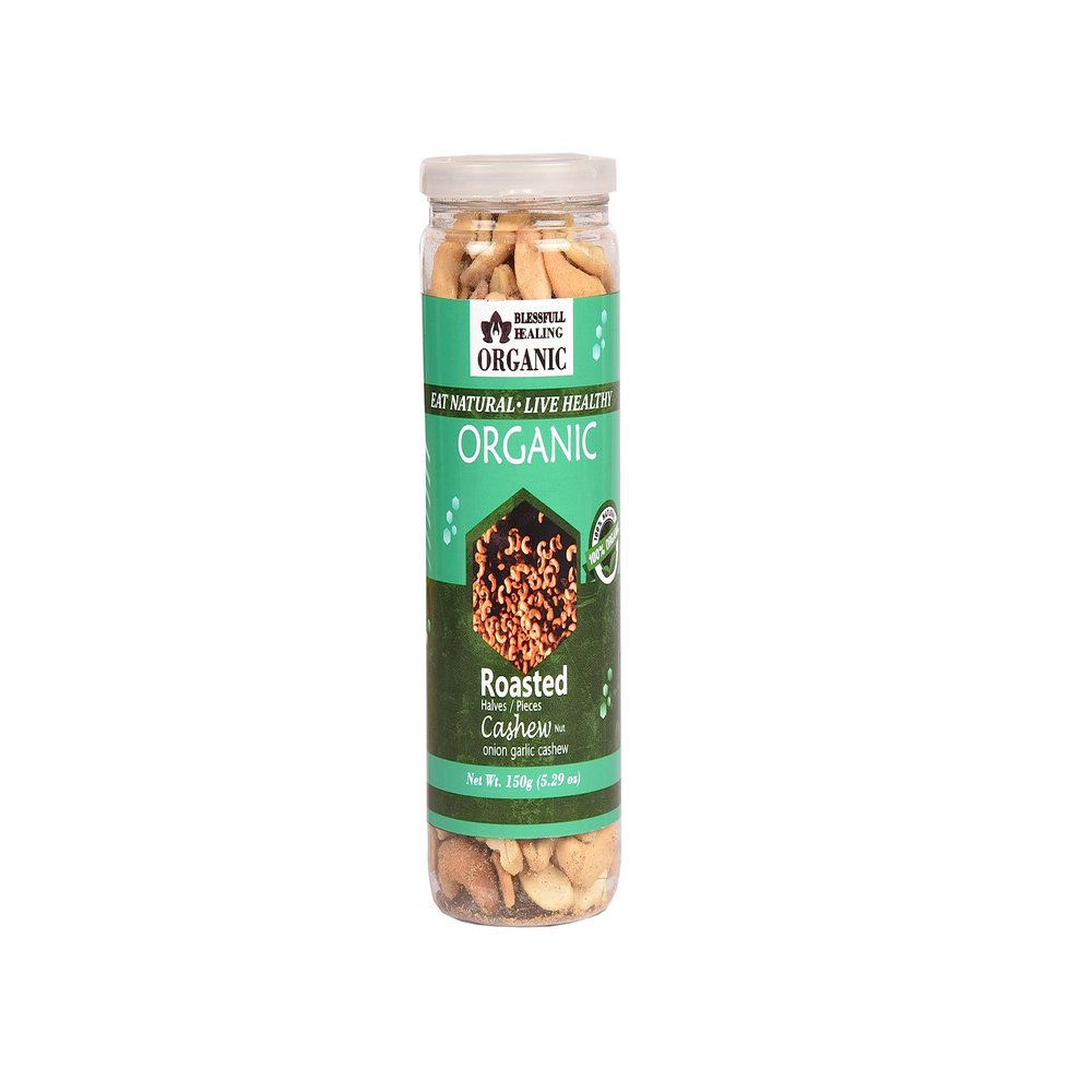 Blessfull Healing Organic Natural, Vegan Onion Garlic Roasted Halves/Pieces Cashew Nuts Crunchy Kaju 150 Gram