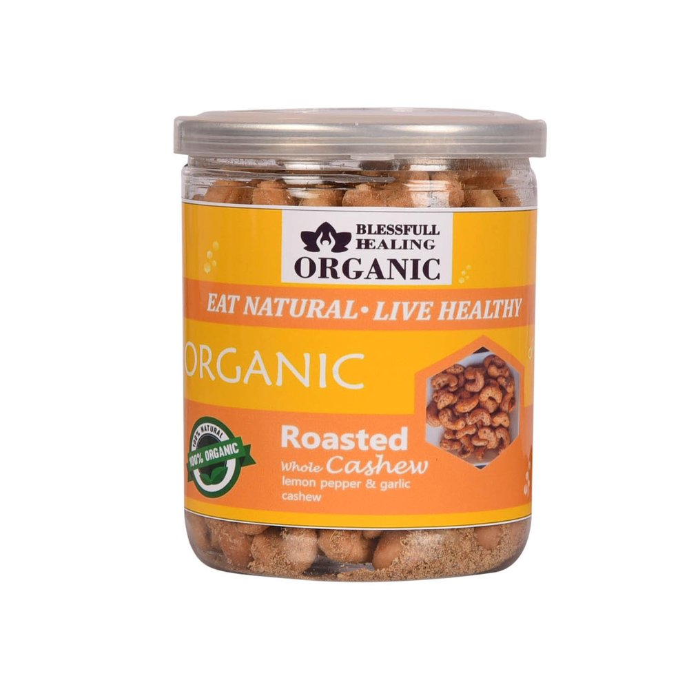 Blessfull Healing Organic Natural, Vegan Lemon Pepper & Garlic Roasted Whole Cashew Nuts Crunchy Kaju 300 Gram