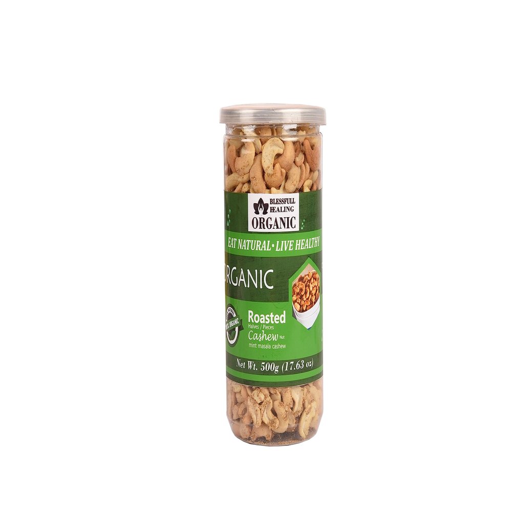 Blessfull Healing Organic Natural, Vegan Mint Masala Roasted Halves/Pieces Cashew Nuts Crunchy Kaju 500 Gram