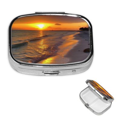Pill Box 3 Compartment Square Small Pill Case Travel Pillbox for Purse Pocket Sunset at Honeymoon Island State Park Metal Medicine Organizer Portable Pill Container Holder to Hold Vitamins Medication