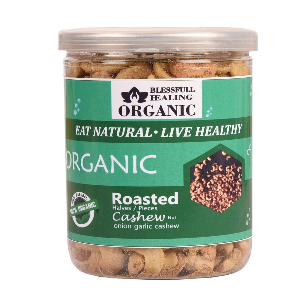 Blessfull Healing Organic Natural, Vegan Onion Garlic Roasted Halves/Pieces Cashew Nuts Crunchy Kaju 250 Gram