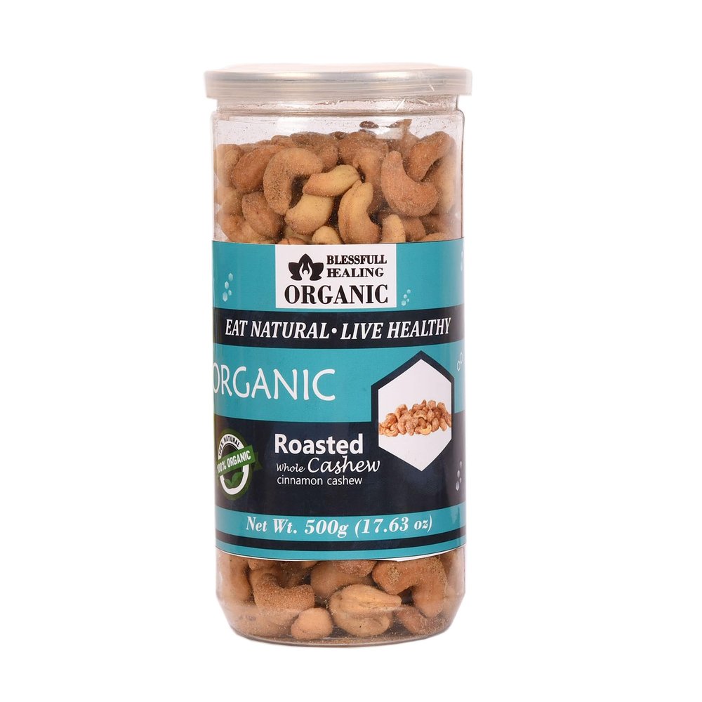 Blessfull Healing Organic Natural, Vegan Cinnamon Roasted Whole Cashew Nuts Crunchy Kaju 500 Gram