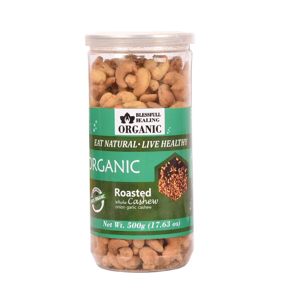 Blessfull Healing Organic Natural, Vegan Onion Garlic Roasted Whole Cashew Nuts Crunchy Kaju 500 Gram