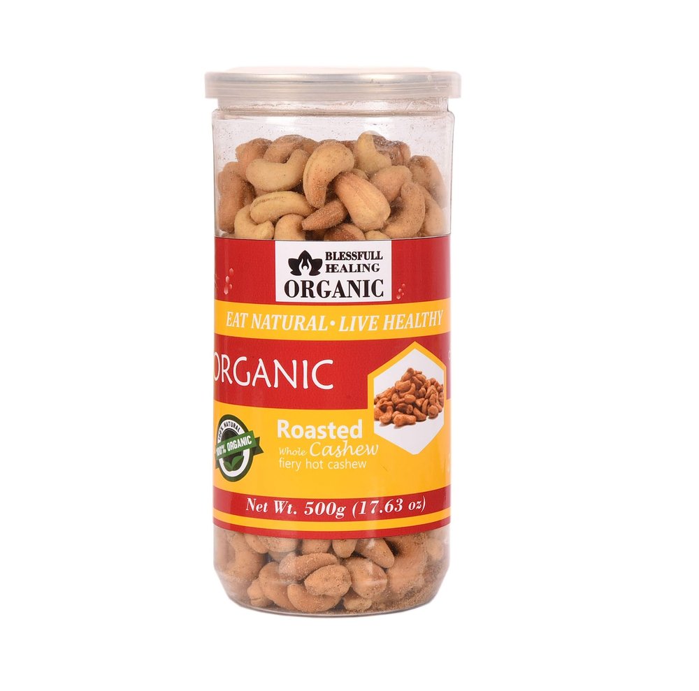 Blessfull Healing Organic Natural, Vegan Fiery Hot Roasted Whole Cashew Nuts Crunchy Kaju 500 Gram