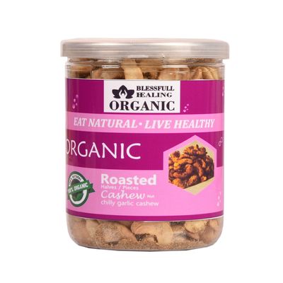 Blessfull Healing Organic Natural, Vegan Chilly Garlic Roasted Halves/Pieces Cashew Nuts Crunchy Kaju 300 Gram