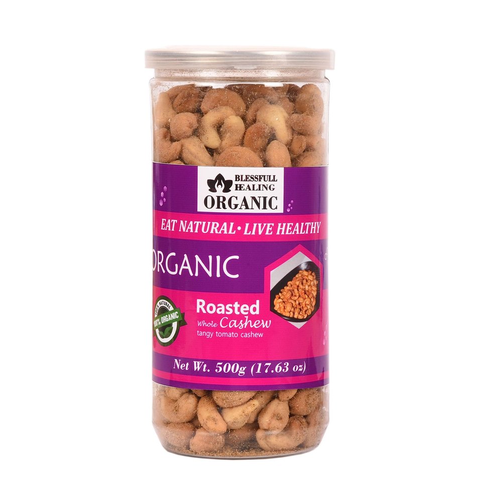 Blessfull Healing Organic Natural, Vegan Tangy Tomato Roasted Whole Cashew Nuts Crunchy Kaju 500 Gram