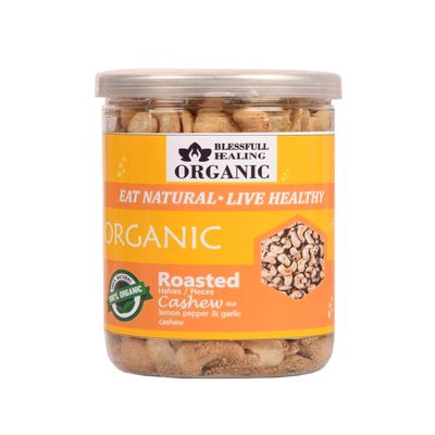 Blessfull Healing Organic Natural, Vegan Lemon Pepper & Garlic Roasted Halves/Pieces Cashew Nuts Crunchy Kaju 300 Gram