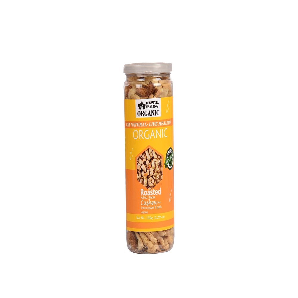 Blessfull Healing Organic Natural, Vegan Lemon Pepper & Garlic Roasted Halves/Pieces Cashew Nuts Crunchy Kaju 150 Gram