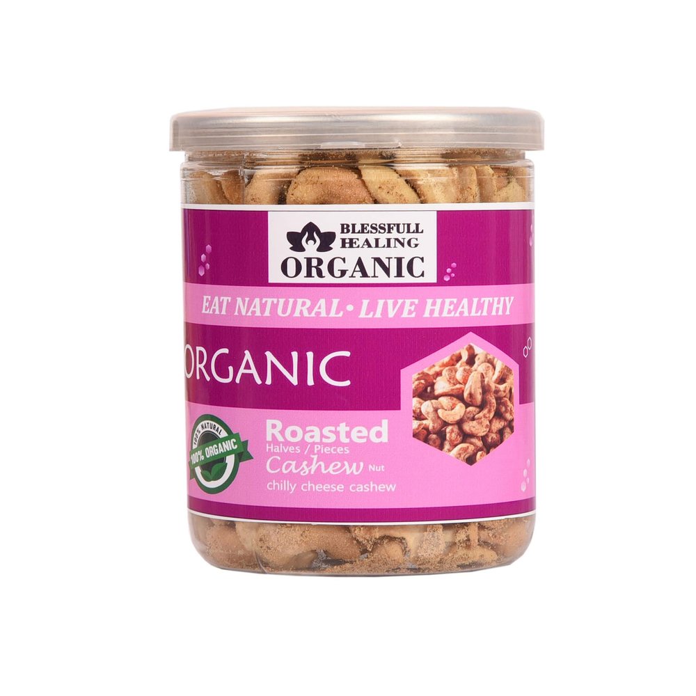 Blessfull Healing Organic Natural, Vegan Chilly Cheese Roasted Halves/Pieces Cashew Nuts Crunchy Kaju 250 Gram