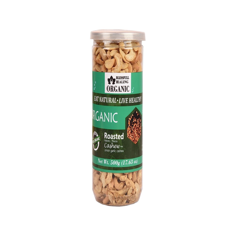 Blessfull Healing Organic Natural, Vegan Onion Garlic Roasted Halves/Pieces Cashew Nuts Crunchy Kaju 500 Gram