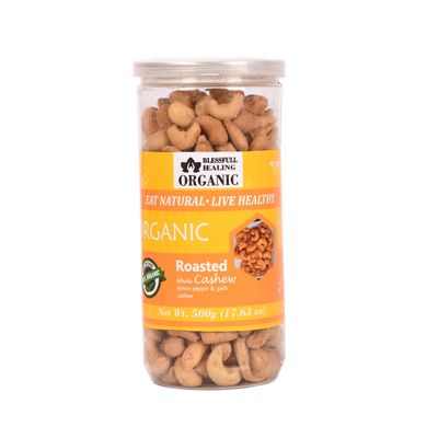 Blessfull Healing Organic Natural, Vegan Lemon Pepper & Garlic Roasted Whole Cashew Nuts Crunchy Kaju 500 Gram