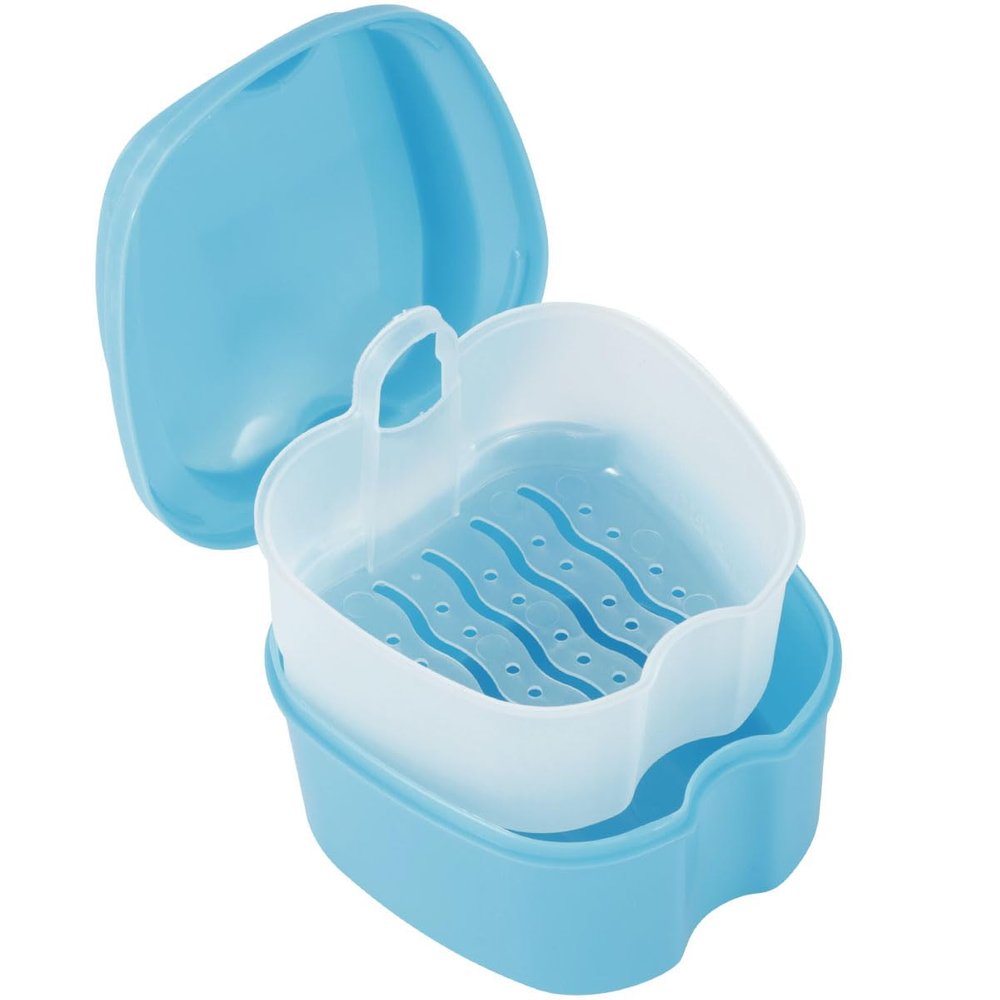 Abizarch Denture Case Denture Bath Box False Teeth Storage Box with Rinsing Basket Portable False Teeth Storage Case Orthodontic Dental Retainer Box for False Teeth Storage Soaking Cleaning(Wathet)
