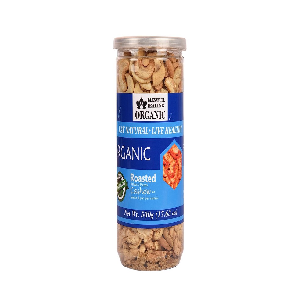 Blessfull Healing Organic Natural, Vegan Lemon & Peri Peri Roasted Halves/Pieces Cashew Nuts Crunchy Kaju 500 Gram