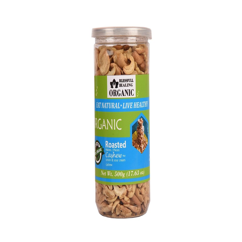 Blessfull Healing Organic Natural, Vegan Onion & Sour Cream Roasted Halves/Pieces Cashew Nuts Crunchy Kaju 500 Gram