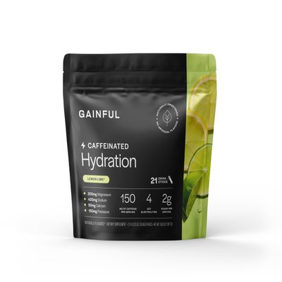 Gainful Hydration + Caffeine Packets with Key Electrolytes Magnesium & Sodium + L Theanine, Low Sugar Drink Mix, Lemon Lime, 21 Sticks