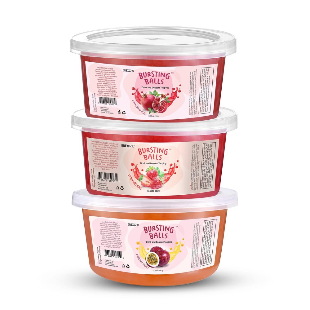 3 Flavors Popping Boba Pearls Bursting Tea Balls Drink & Dessert Topping, Passion, Pomegranate, Strawberry, Flavored Bubble Tea Pearls, and No Artificial Colors (Passion Fruit, Pomegranate, Strawberry, 1 Pound Pack of 3)