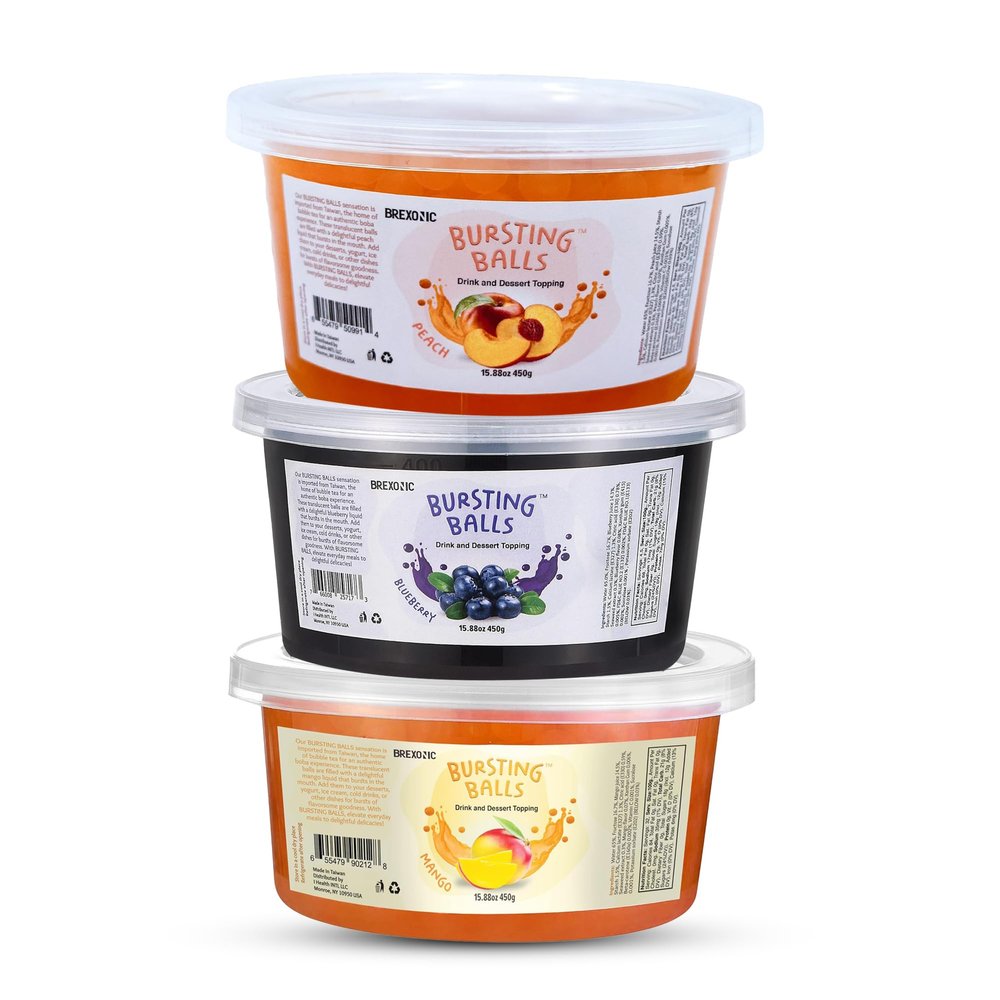 3 Flavors Popping Boba Pearls Bursting Tea Balls Drink & Dessert Topping Mango, Blueberry, Peach, Flavored Bubble Tea Pearls, (Mango, Blueberry, Peach, 1 Pound Pack of 3)