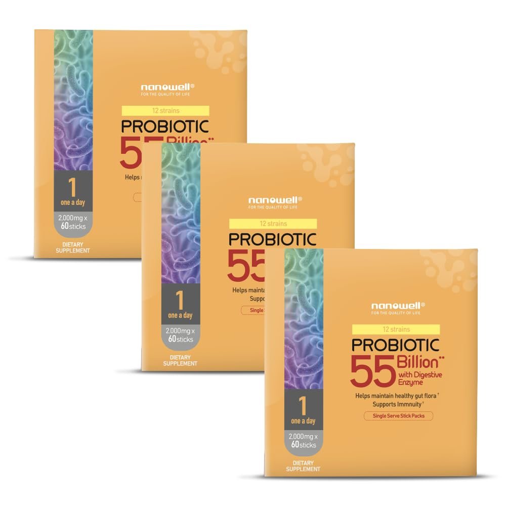 NANOWELL Probiotic 55 Billion with Digestive Enzyme 60 Sticks X 3 Boxes - Digestive Health Supplement for Immunity, Healthy Gut Flora, Prebiotics and Postbiotics (180 Count)