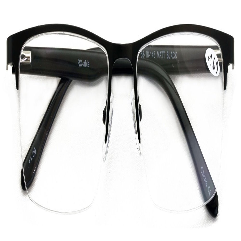 V.W.E. Men Premium Optical Frame Wide Large Head Reading Glasses Half Rim Metal - Clear Lens Reader DRM01 (Black, 1.50, x)