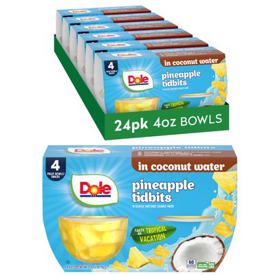 Dole Pineapple Tidbits in Coconut Water - Dole Fruit Bowls Snacks - 4 oz Fruit Bowls - 24 Pack