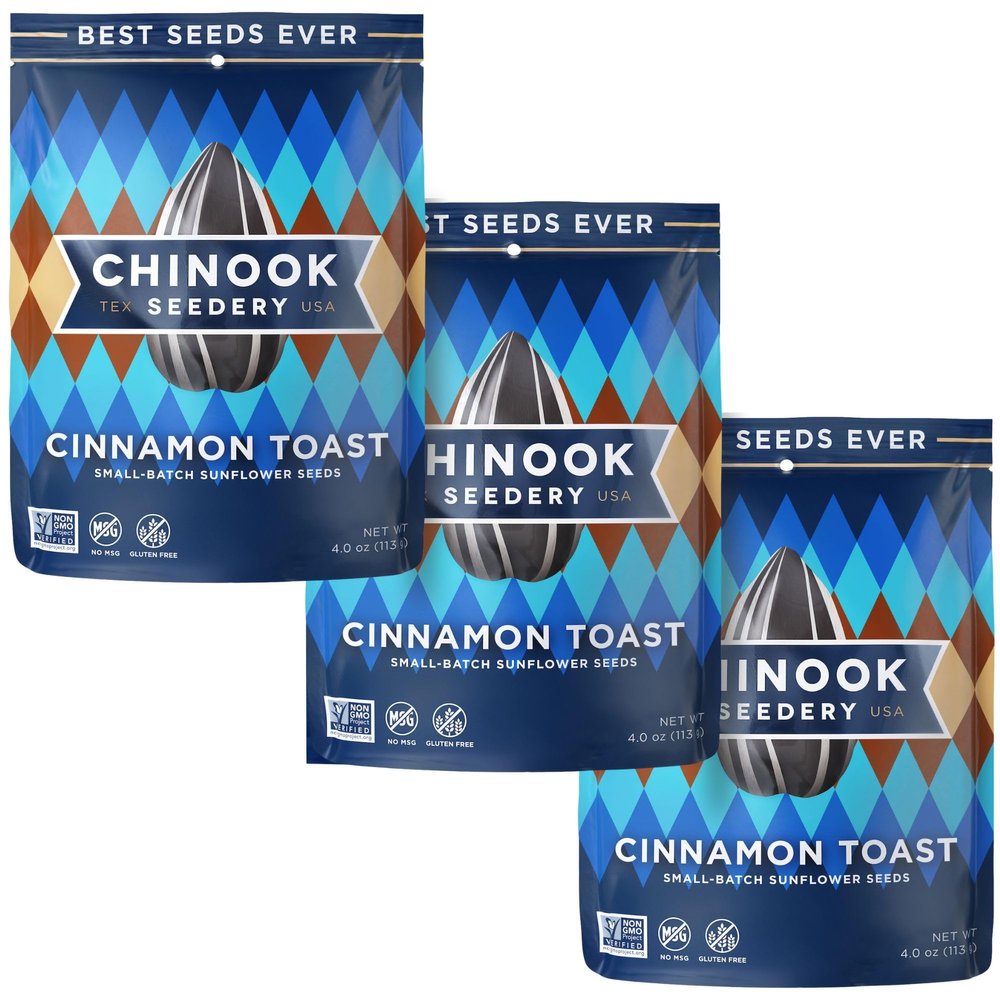Chinook Seedery Roasted Jumbo Sunflower Seeds - Keto Snacks - Best For Snack Packs - Gluten Free, Non GMO Snack Food Gifts - 4 ounce (Pack of 3) - Cinnamon Toast Flavor